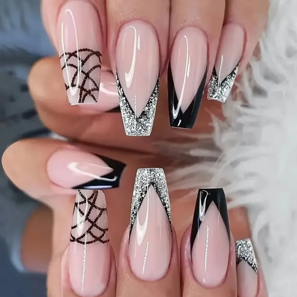

2026 New Minimalist Plaid Glitter False Nail Stickers - Sweet and Cool Wearable Nail Art