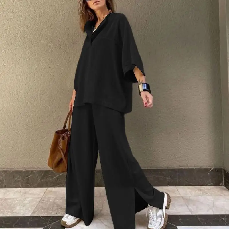 

Vintage Solid Color Split Pants Outfits 2024 Autumn Winter Loose Women's Two Piece Sets Office Casual Long Sleeve Pullover Suit