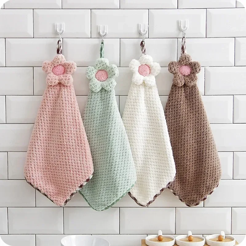 Hangable Coral Fleece Absorbent Flower Soft Hand Towels Kitchen Bathroom Cleaning Towels Non-linting Sun Flower Towels