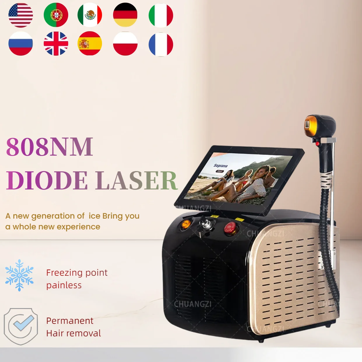 Portable Diode Glacial Titanium Laser Hair Removal Machine 2025 Professional Permanent Alexandrite Device 808nm 3 Wavelengths