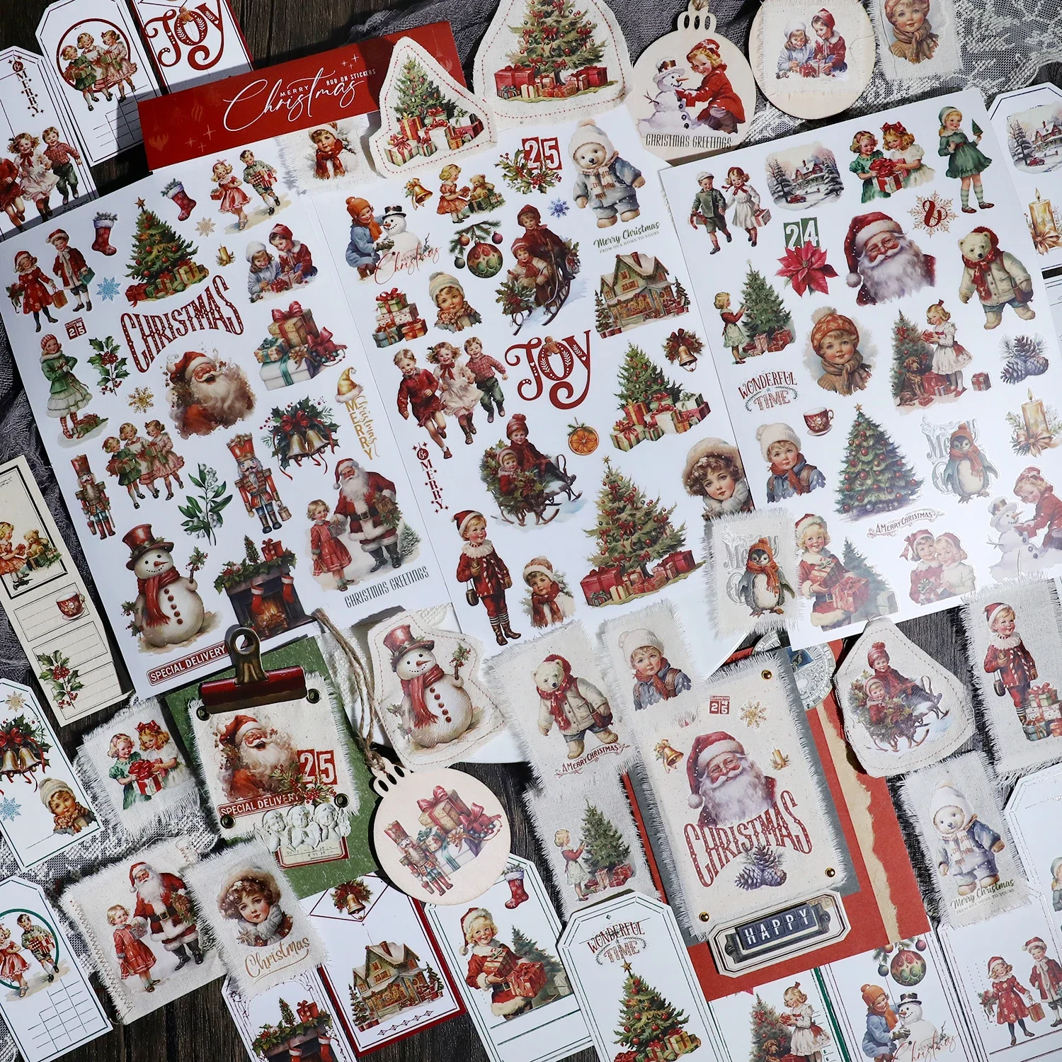 3 Sheet Large Christmas RUB ON Transfer Stickers Junk Journal Vintage Girl Boy Stickers DIY Album Scrapbooking Craft Stickers