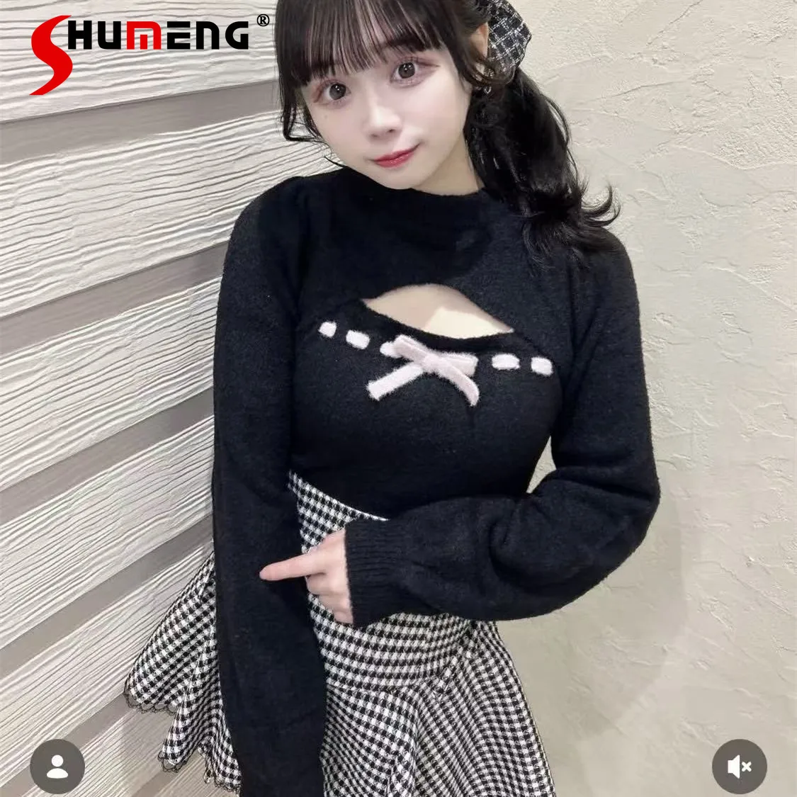 

Japanese Style Elegant Sweet Stand Collar Long Sleeve Short Waistcoats Bowknot Strap Top Two-Piece Set Women's Knitted Pullover