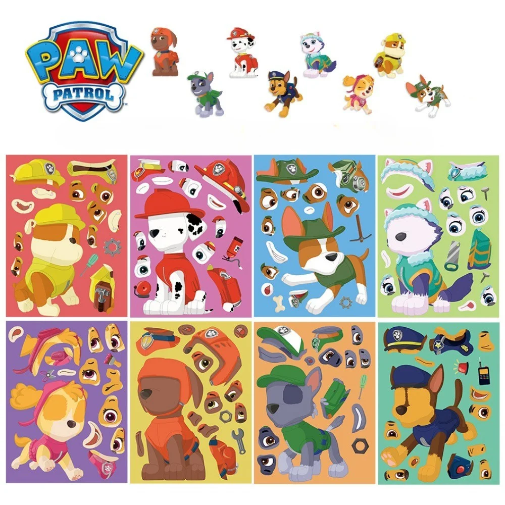 8/16Sheets PAW Patrol Chase Skye Puzzle Stickers Toy Funny Cartoon Make-a-Face Decal Assemble Jigsaw Children Christmas Gift