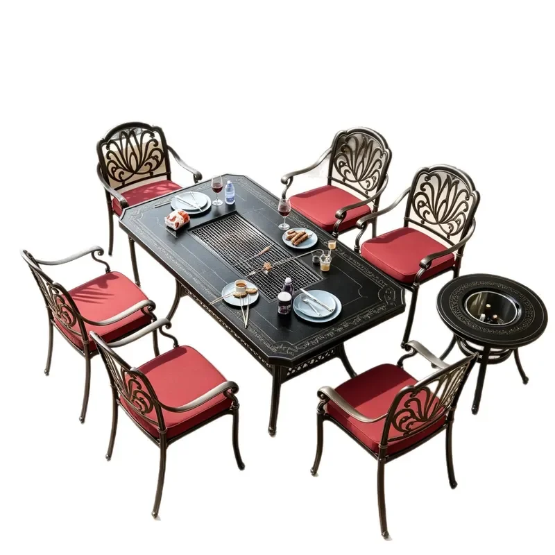 Retro Gold Finish Outdoor Cast Aluminum BBQ Table And Chair Set for Charcoal Grilled Dining Courtyard Terrace Home Furniture