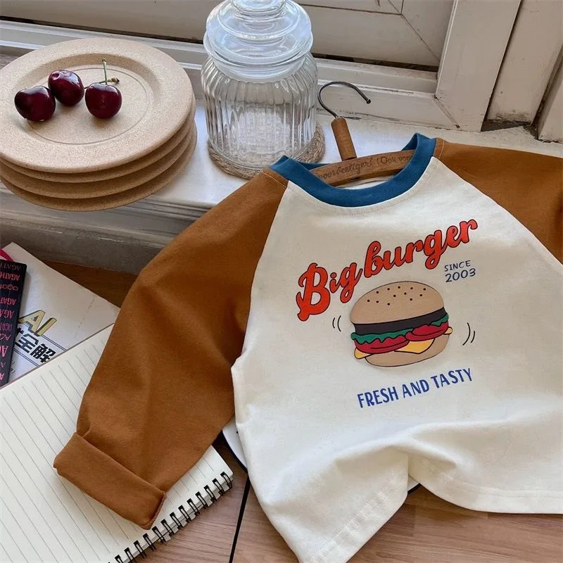Langarm-T-Shirt für Kinder, Jungen, 2025, koreanischer Frühling und Herbst, reine Baumwolle, Jungen-Tops, Cartoon-Druck, kontrastierendes Unterhemd – Detail 5