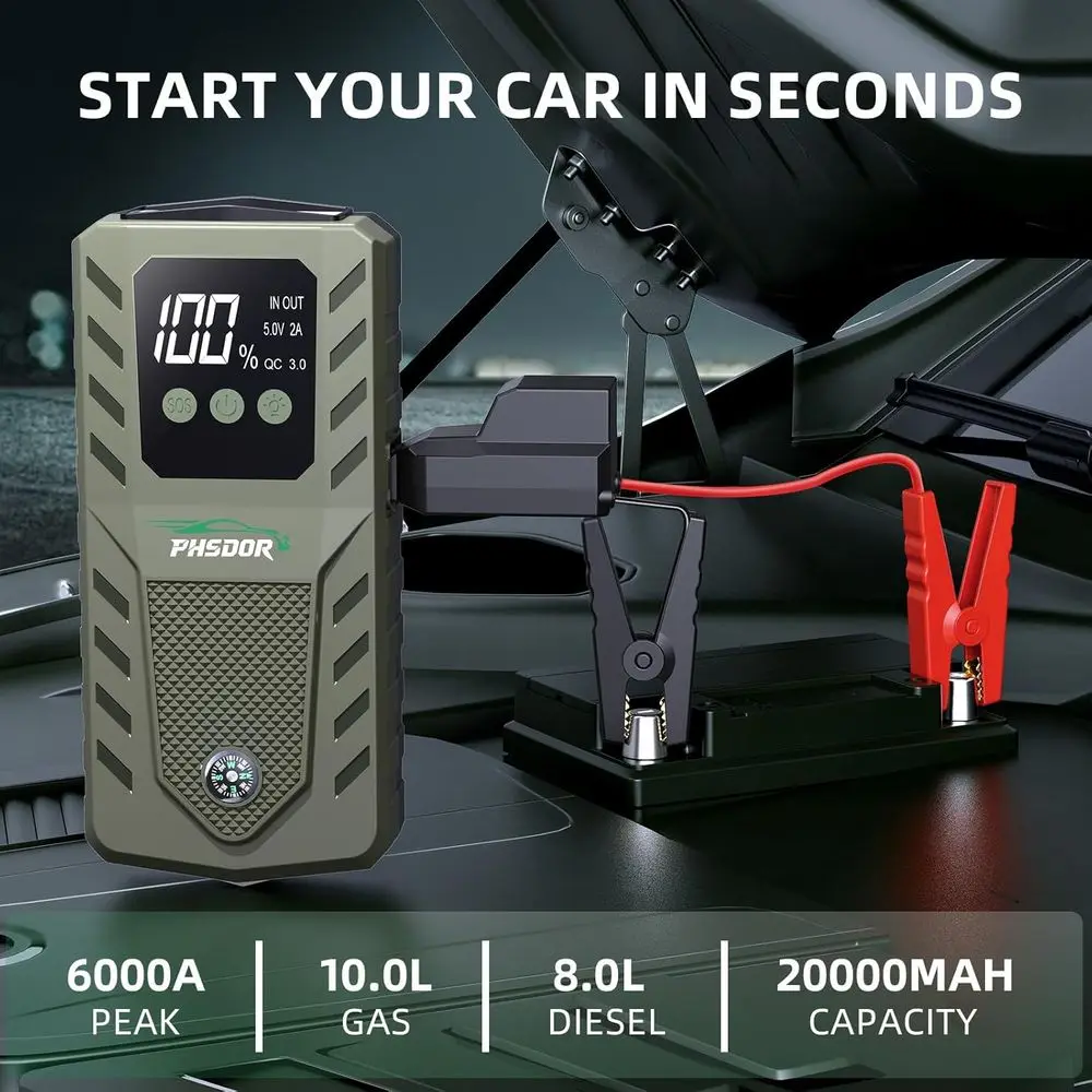 بطارية السيارة 6000 أمبير، بطارية 20000 مللي أمبير في الساعة، محمولة (10 لتر غاز/8 لتر، بادئ تشغيل السيارة 12 فولت، J