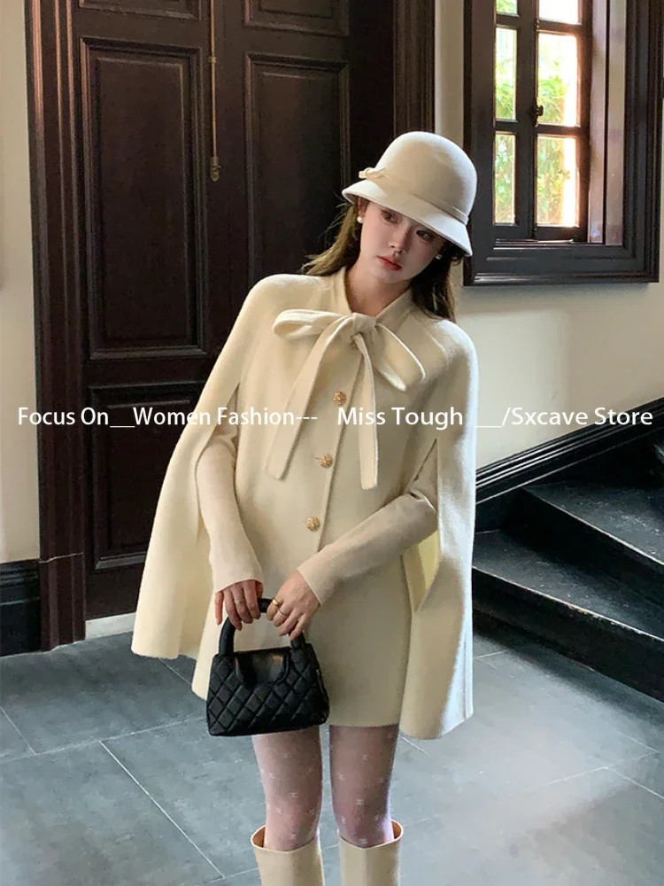 French Elegant Cloak Overcoat Women Korean Fashion Vintage Jacket Cape Coats Office Lady Evening Party Clothing Winter Chic