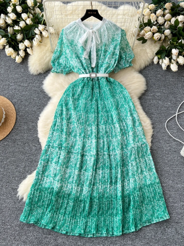 

Summer Casual Chiffon Dress Women Lace Doll Neck Bubble Sleeve Long Dresses Ladies Elegant A-line Pleated Party Long Robe