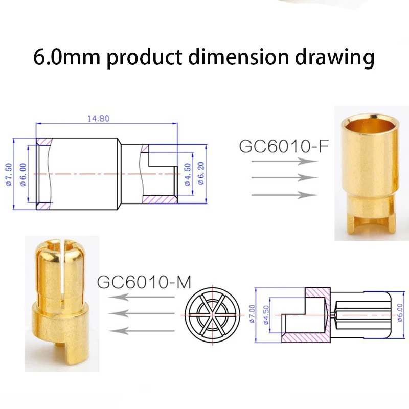 A10 peças de 5 pares Amass 2.0mm 3.0mm 3.5mm 4.0mm 5.5mm bala de ouro banana conectores 6.0mm 8.0mm plugues para conexão de bateria