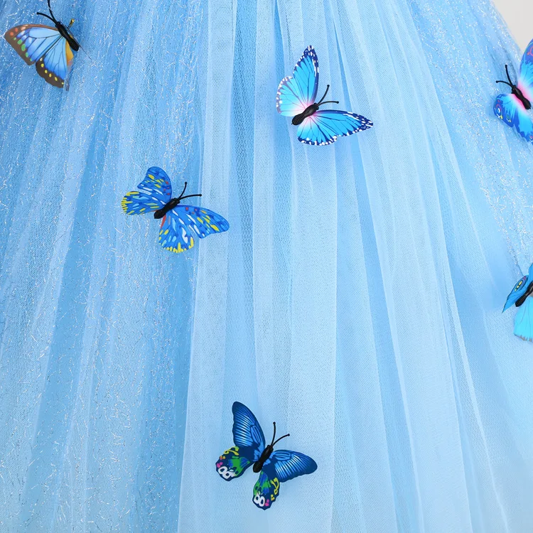 Fairy Tale Glass Slipper Cinderella Dress with Butterflies Girl Pageant Princess Costume Frock Children Carnival Party Ball Gown