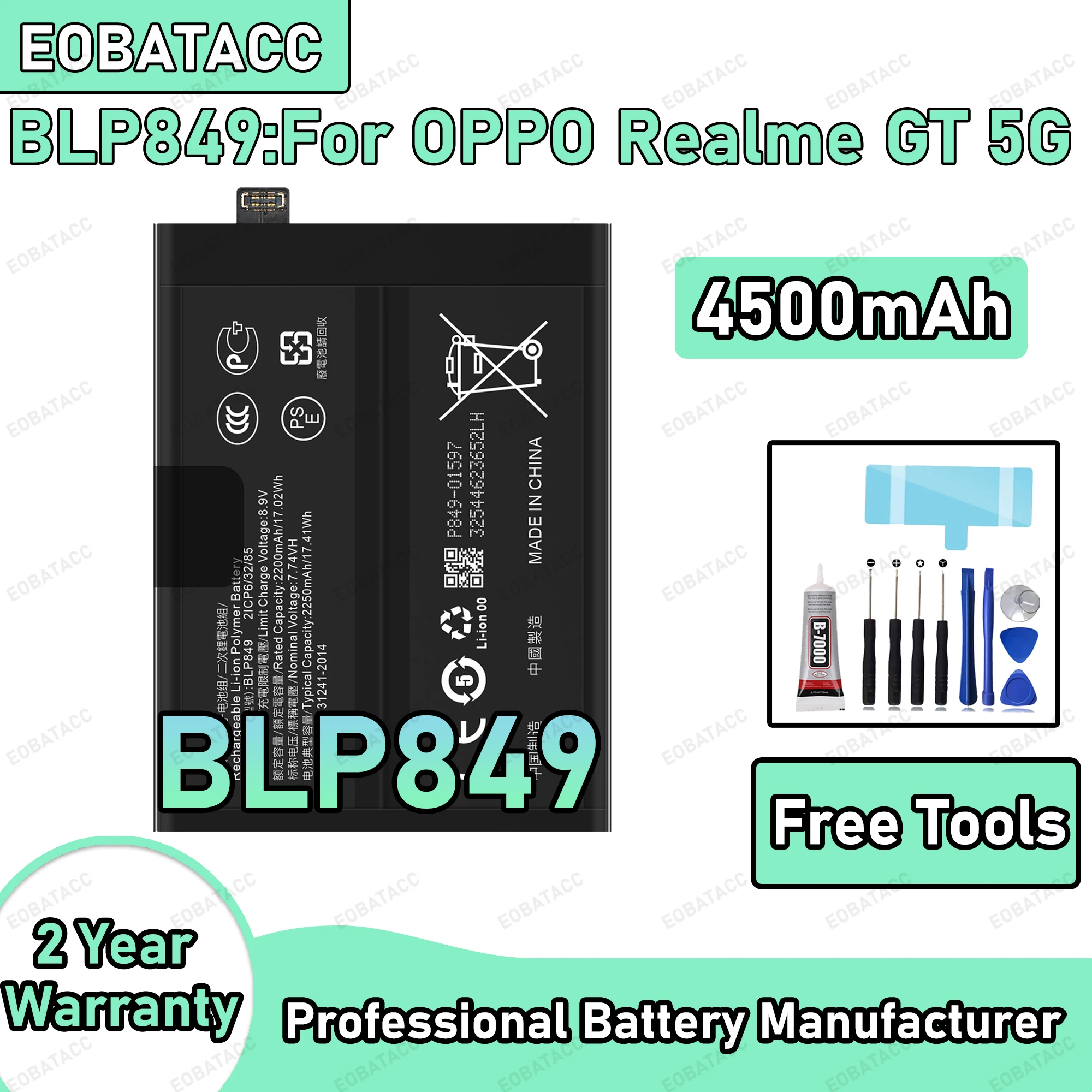 

High Quality 4500mAh BLP849 Battery For Realme GT 5G Long Lasting Power +Free Tools