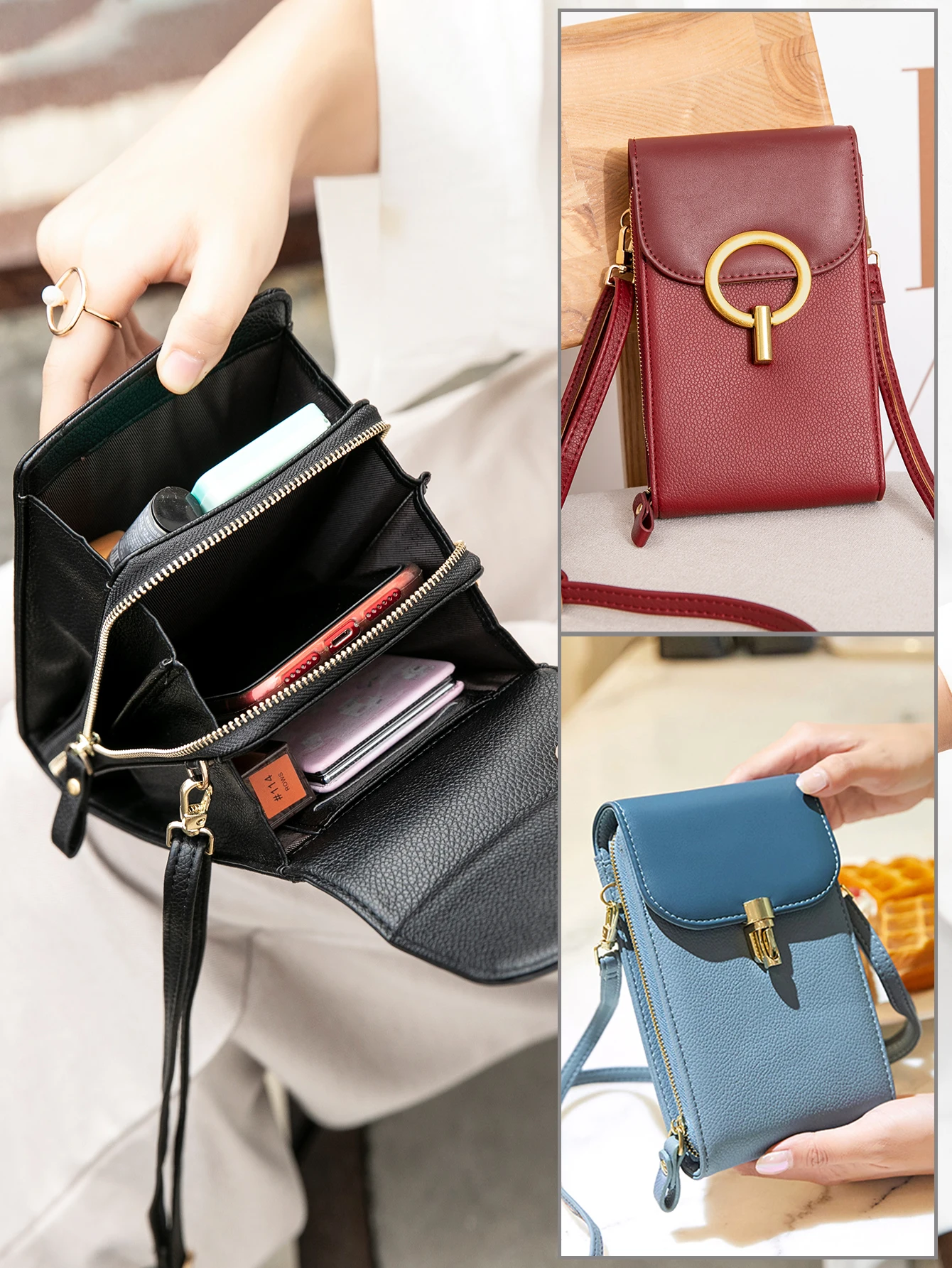 Fashionable soft leather women's bag, PUleather multifunctional crossbody mobile phone bag, shoulder strap, handbag, coin wallet