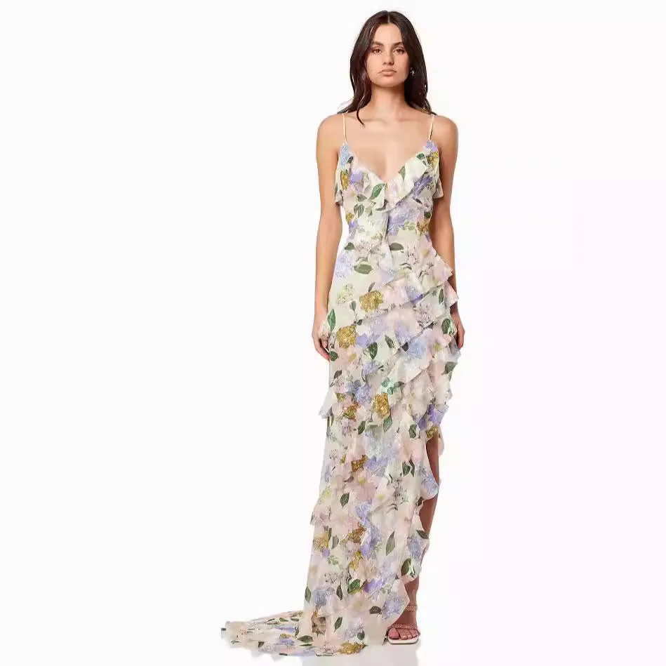 2025 nuevo vestido de noche de hombro descubierto a la moda para mujer de primavera y verano con vestido largo de seda etéreo