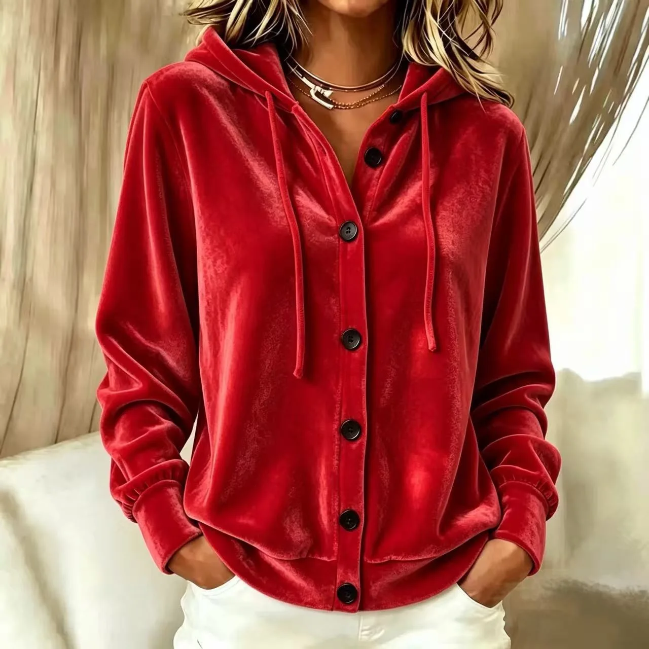 Damen Herbst-Winter Einfarbige Lässige Modische Geknöpfter Kapuzen-Cardigan mit Langen Ärmeln, Offene Samtjacke, Stilvoll und Bequem – Detail 3
