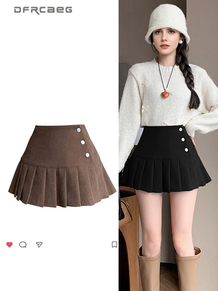 American Retro Corduroy Pleated Skirt For Woman Autumn Winter Casual Y2k Sweet Chic Short Skirts With Button