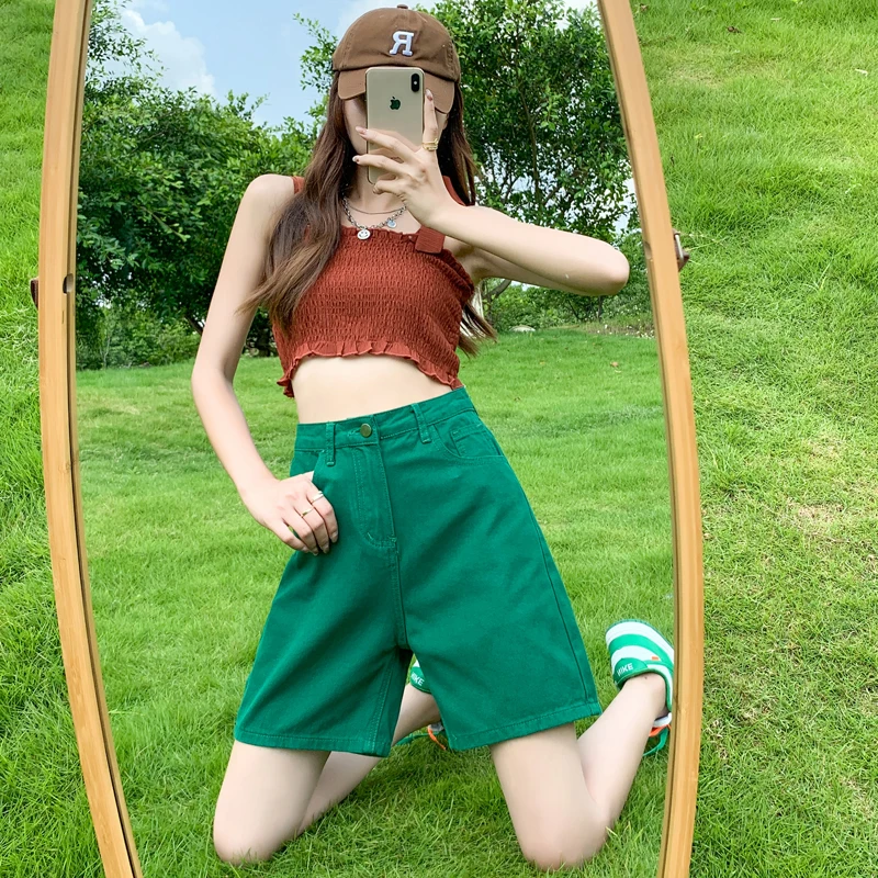 

Summer Thin High Waist Green Jeans Shorts Women's Loose Wide Leg Five-Point Straight Cut Trousers Retro Style Casual Jeans