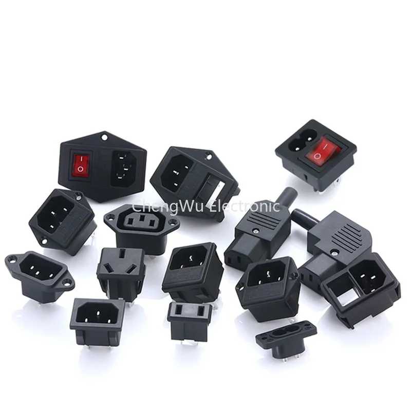 1pc IEC320 C14 Power Socket With Rocker switch 3 Pin Red LED 250V 10A Fuse Female/Male Inlet Plug Connector 2 holes Socket Mount