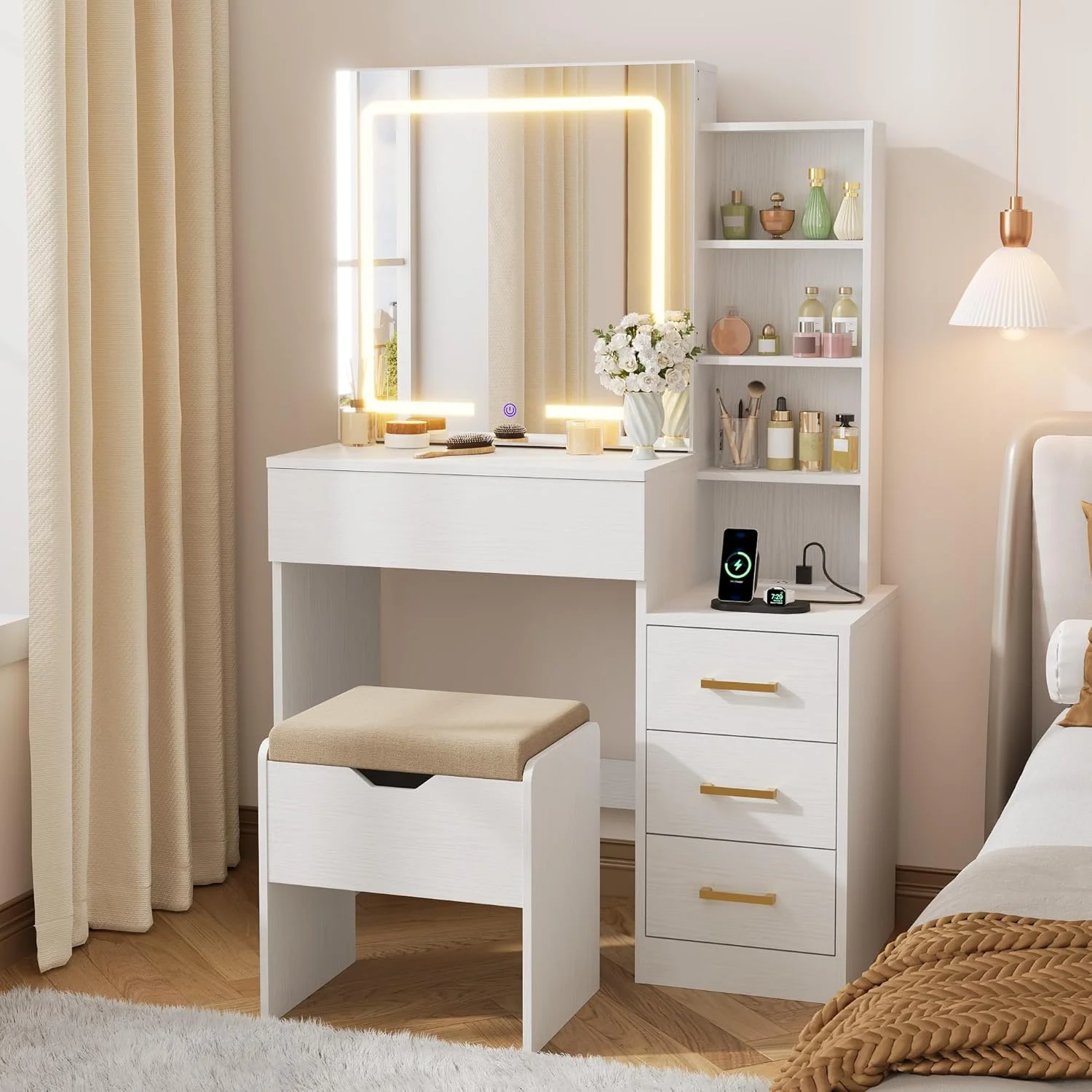 

Modern Minimalist Makeup and Dressing Table with Sliding Mirror Complete Power Sockets Super Practical Bedroom Dressing Table