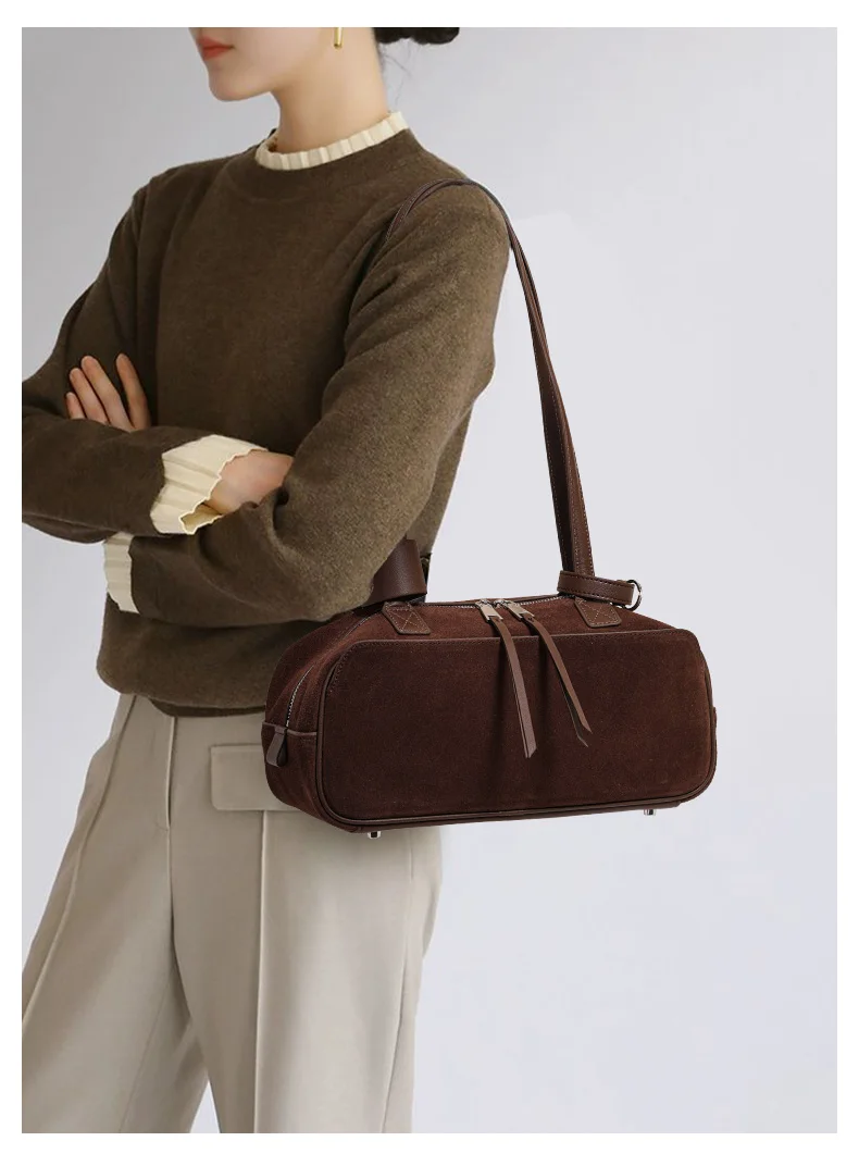 Echte Rindsleder-Damenhandtasche, Einzel-Schulter-Unterarmtasche, Wildleder-Gebürstete Bowling-Tasche – Detail 2
