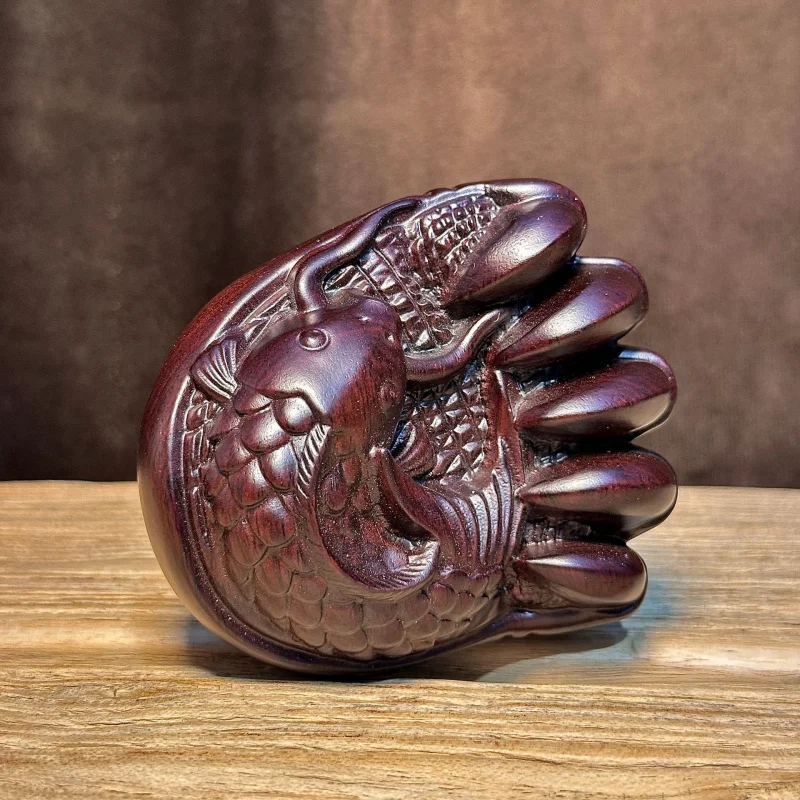 Ebony Wood Carved Handheld Piece Fish and Bear Paw Yearly Abundance Home Decoration Meaningful Desktop Ornament Gift