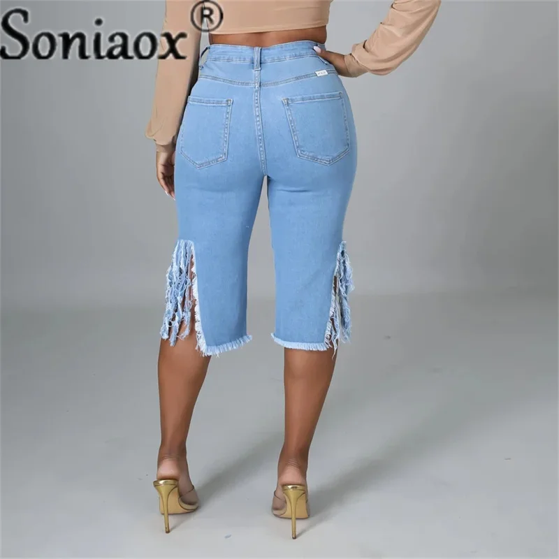 2022 Summer Bermuda Shorts Women Ripped Cotton Knee Length High Waist Casual Denim Shorts Ladies Blue Sexy Straight Jean Shorts