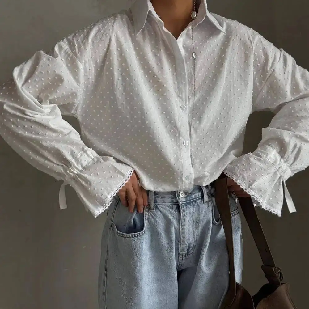 Single Breasted Cardigan Cotton Blouse Women's White Shirts Spring Fashion Autumn New Flared Sleeve Top