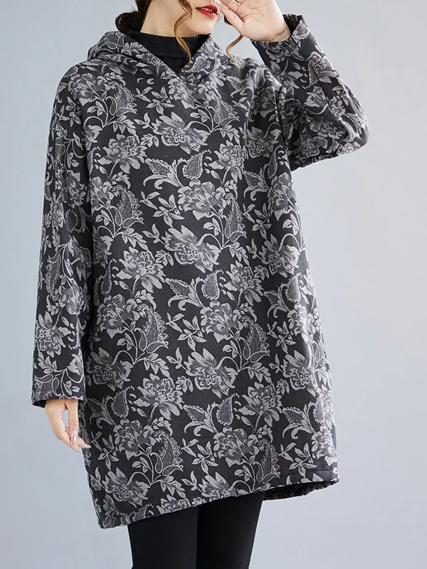 

plus Size Women's Fce Lined Thiened Cotton Linen Print Hooded Midi Loose Sweatirt Dr Autumn Winter New Sle