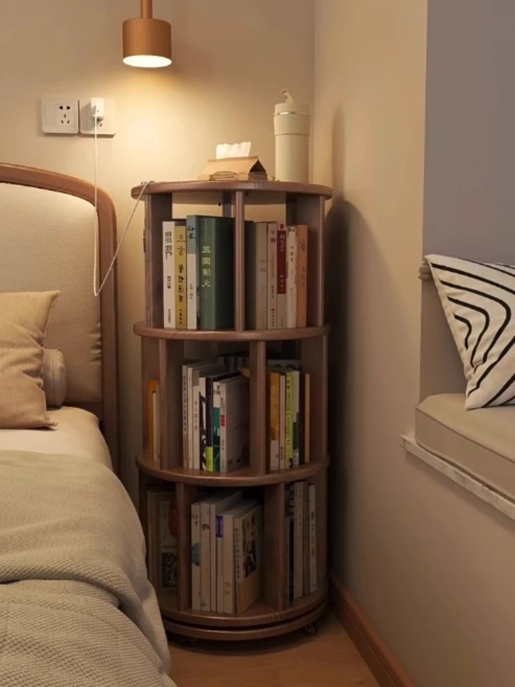 Rotating Bookshelf Pulley Bedroom Corner Bookcase Multi-layer Simple Bookshelf Solid Wood Storage Cabinet Closet Organizer Shelf