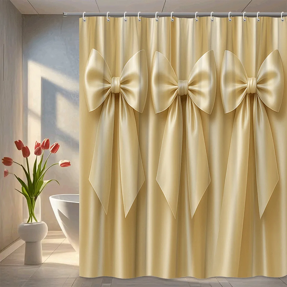 Golden Bow Shower Curtain Elegant Satin Ribbon Design Luxury Bathroom Decor Waterproof Easy to Install Elevate Your Space