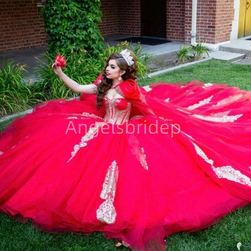 Angelsbridep Red Vestido De 15 Años Ball Gown Quinceanera Dress Evening Party Dresses With Cape Appliques