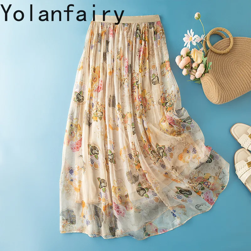 YOLANFAIRY Vintage 100% Real Mulberry Silk Skirts for Woman Summer Elegant Elastic Waist Printed Skirt Women Korean Skirts Long