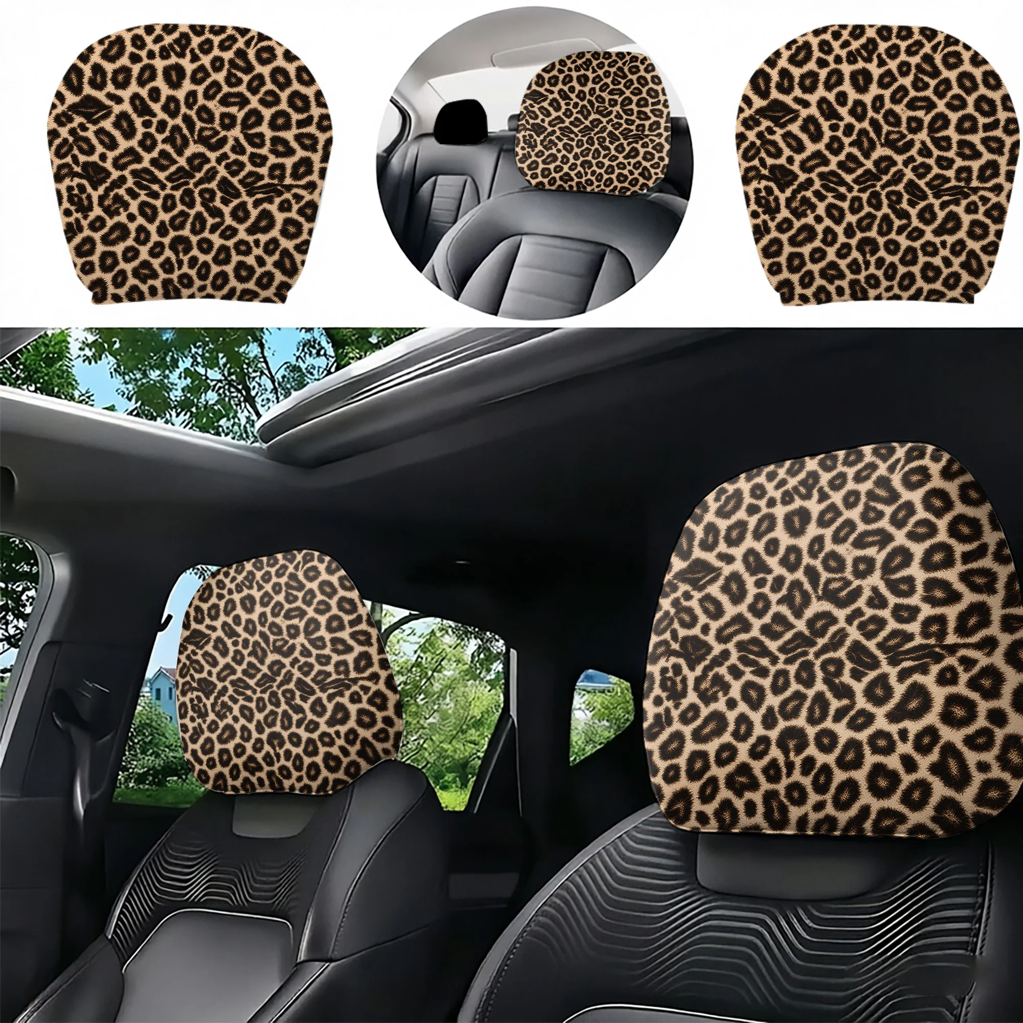 2pcs leopard-print car headrest covers to add a touch of style to your car interior. Filling not included. Easy to install.