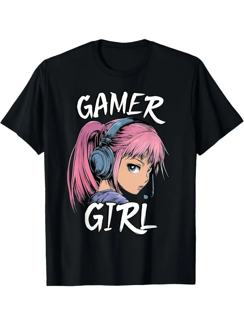 Men & Female Teens Gamer Girl Graphic T-Shirt - Retro Gaming Outfit With Pink Hair, Headphones & Controller Design, Soft Comfort