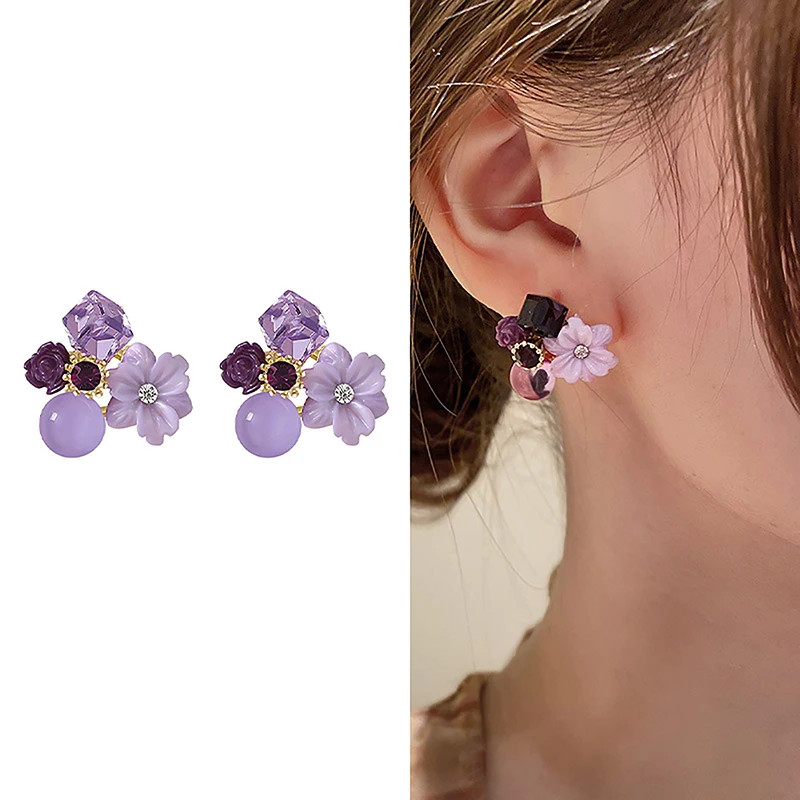 Fashion Retro Elegant Exquisite Crystal Flower Stud Earrings For Woman Light Luxury Temperament Y2k Jewelry Wedding Party Gift