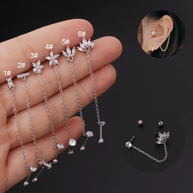 2Pcs 20G 0.8mm Stainless Steel Flower Crown Double Hole Chains Cartilage Srecw Back Stud Earring Ear Helix Piercing Jewelry