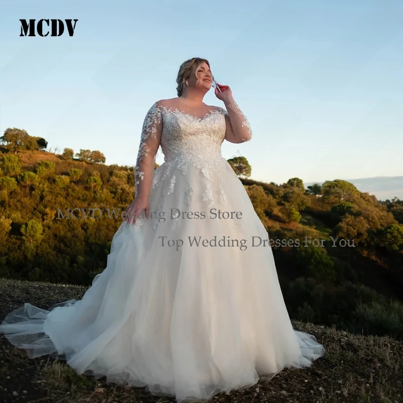 

Elegant Long Sleeve A Line Tulle Wedding Dress Plus Size Illusion Applique Bride Gowns Customized MCDV