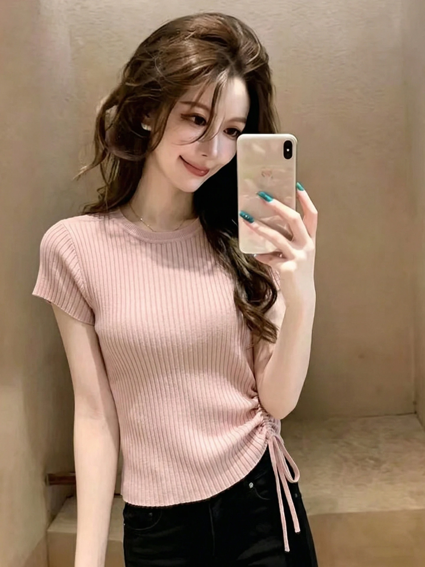 

Pure Color Versatile Gentle Short Sleeve Knitted Sweater Women's Drawstring Design Summer Unique Exquisite Commute Style Silk...