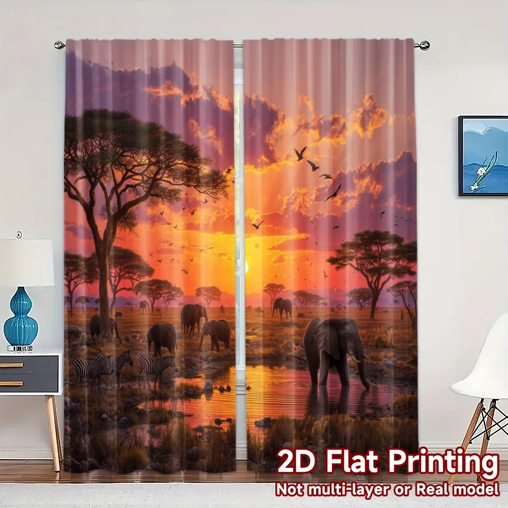 2pcs, 2D FLAT PRINTING Curtains (Without Rod) Savanna Sunset(1) Chic Curtains Versatile Polyester Curtains Decorations