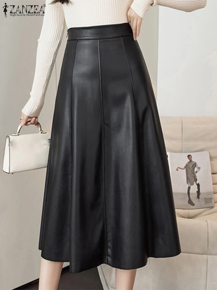 ZANZEA Fashion Women PU Leather Midi Jupes 2024 Summer High Waist Skirt Solid Office Lady Skirt Elegant High Waisted Party Falda