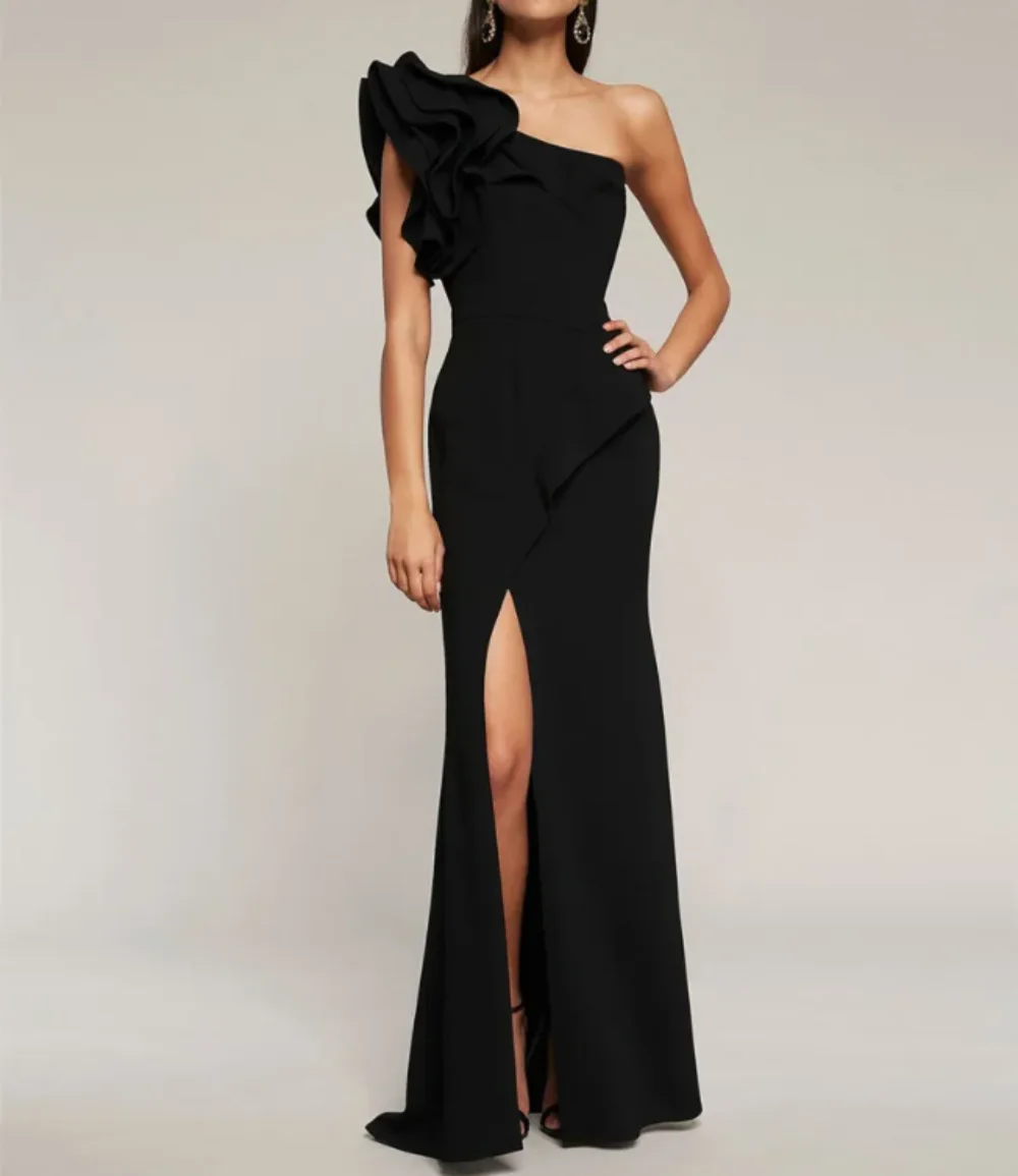 

Elegant Long Black Crepe Evening Dresses Ruffles Mermaid One Shoulder Watteau Train Pleated Zipper Back Floor Length Prom Party