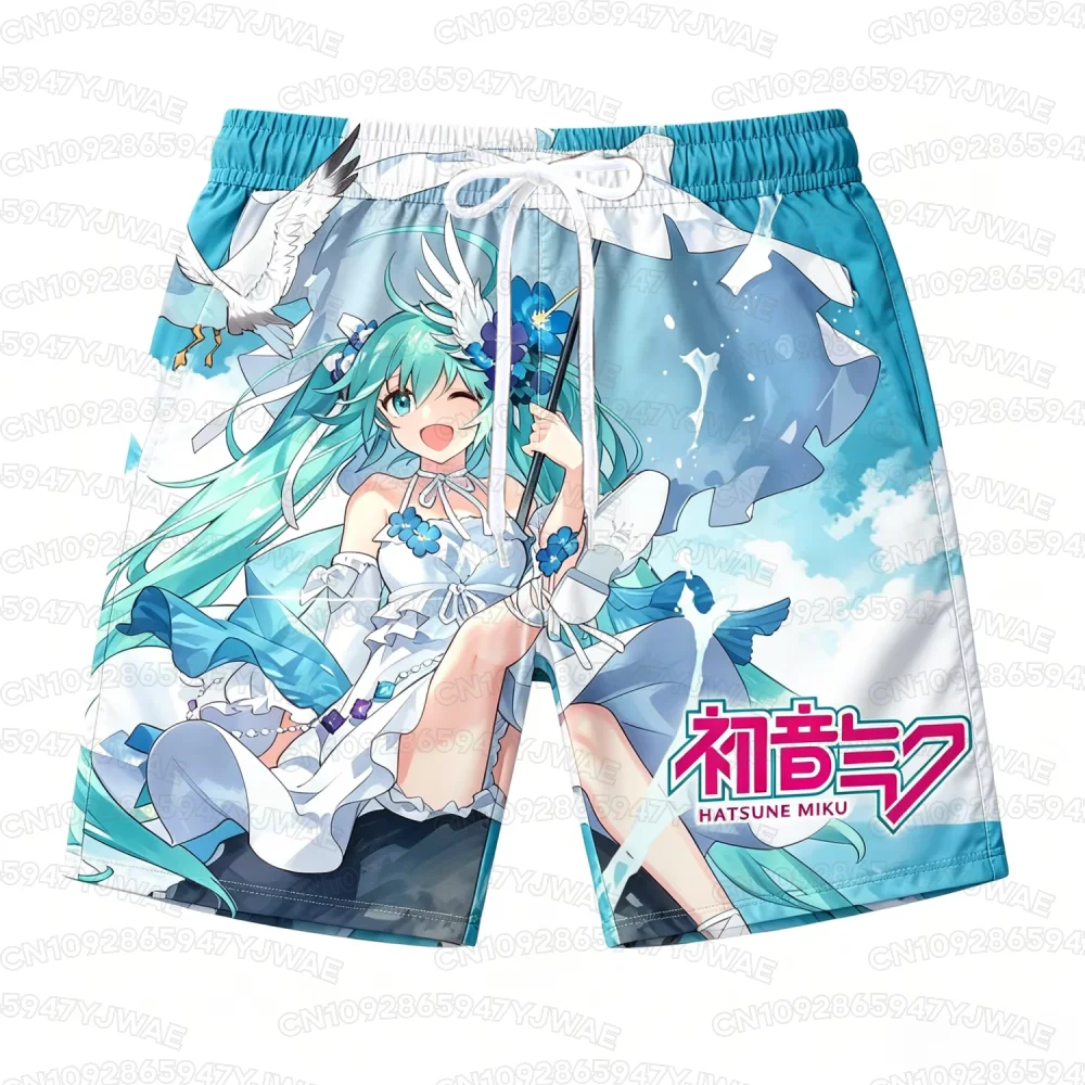 Sommer-Strandshorts für Herren und Damen mit Schnelltrocknender Funktion, Urlaubs- und Hawaii-Shorts mit Cartoon Hatsune Miku Aufdruck – Detail 4