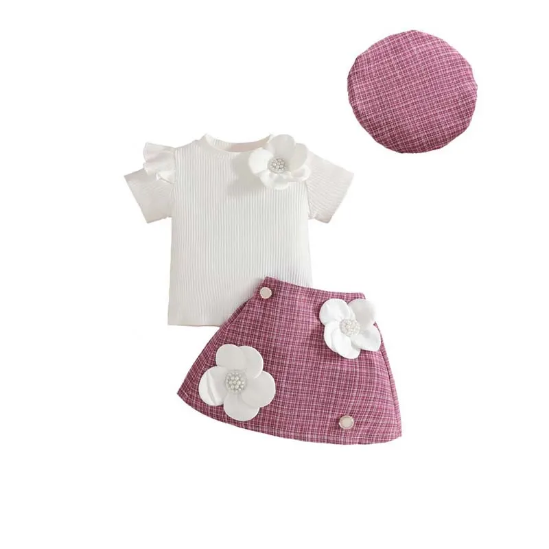 

1–3 Years Fashion Baby Girl Clothing 3Piece Outfits Summer Short-sleeve T-shirt Tops+Skirts+Hats Toddler Girl Sets