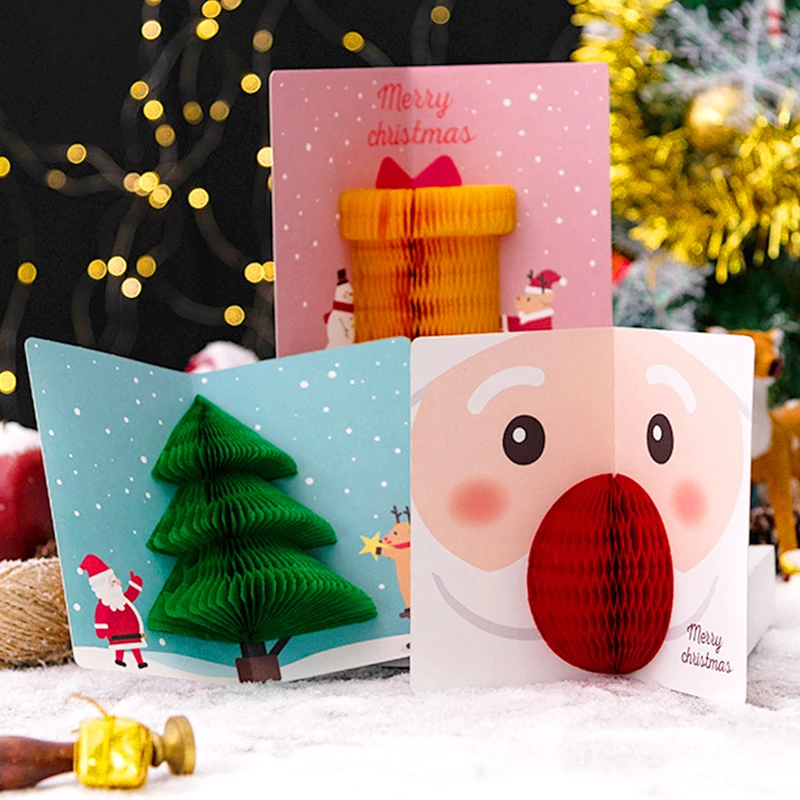 3D Christmas Card Set Honeycomb Pop-up Greeting Card Cartoon Santa Elk Xmas Tree Pattern Gift Card New Year Postcard Invitations