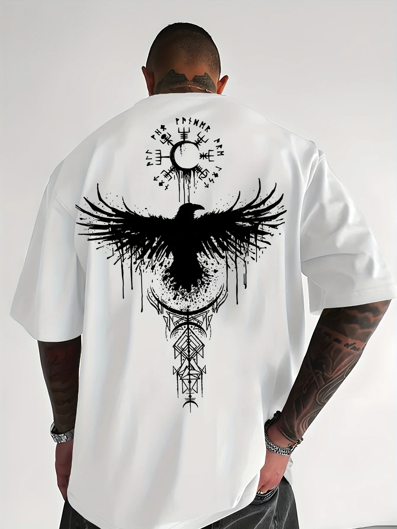 Summer Men's 100% Cotton Casual Fashion Raven Viking Rune Compass Printed Loose Sport Round Neck Short Sleeve T-shirt