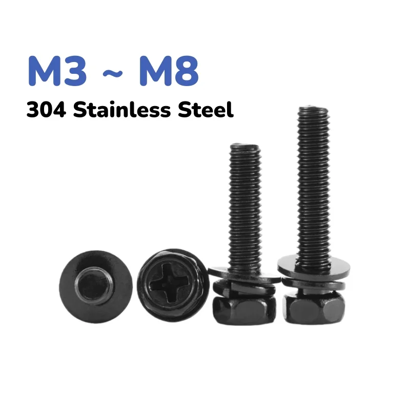 Black 304 Stainless Steel M3 M4 M5 M6 M8 Cross Recessed External Hexagon Head Screw Spring Gasket Combination Screws Bolt