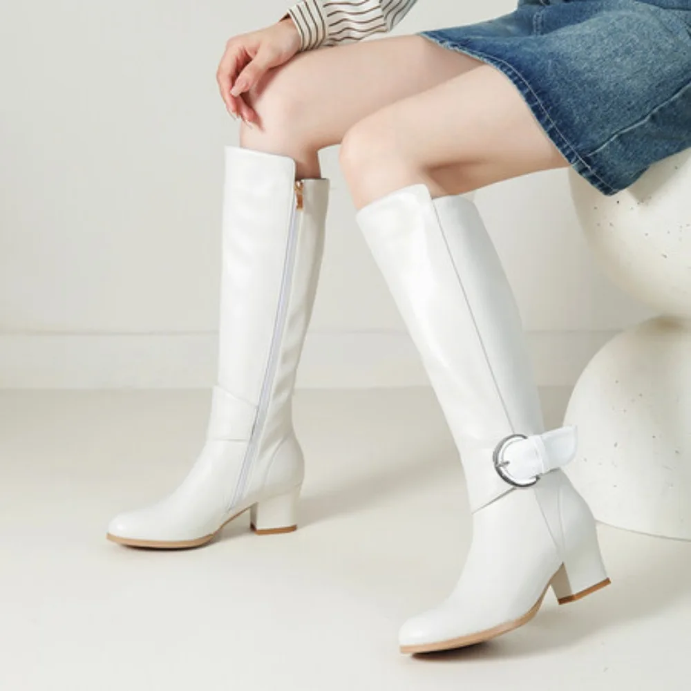 

Women's Winter Boots Patent Leather Knee-high Boots Comfortable Thick Heel Women's Shoes Side Zipper Silver Square High Heels