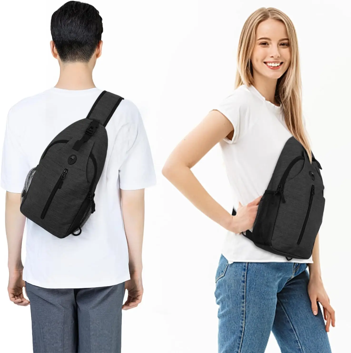 Tas Selempang Ransel untuk Wanita & Pria - Tas Ransel Hiking Portabel dengan Kantong Botol Air, Hitam