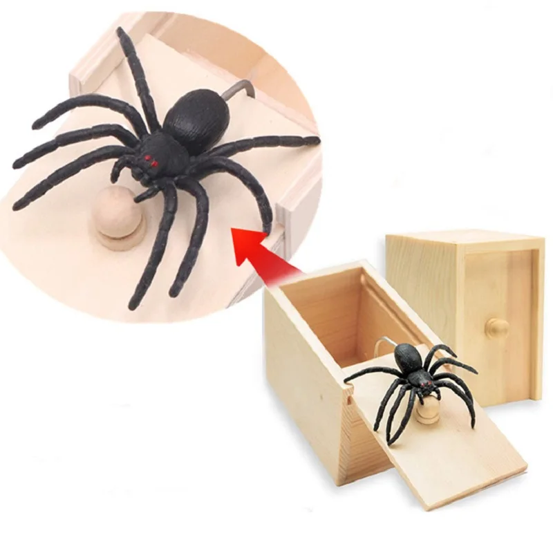 Spider Prank Box Pop Out Rubber Spider Handmade Wooden Scare Box Party Game Fun Surprise Joke Prank Trick Toy for Kids FunnyGift