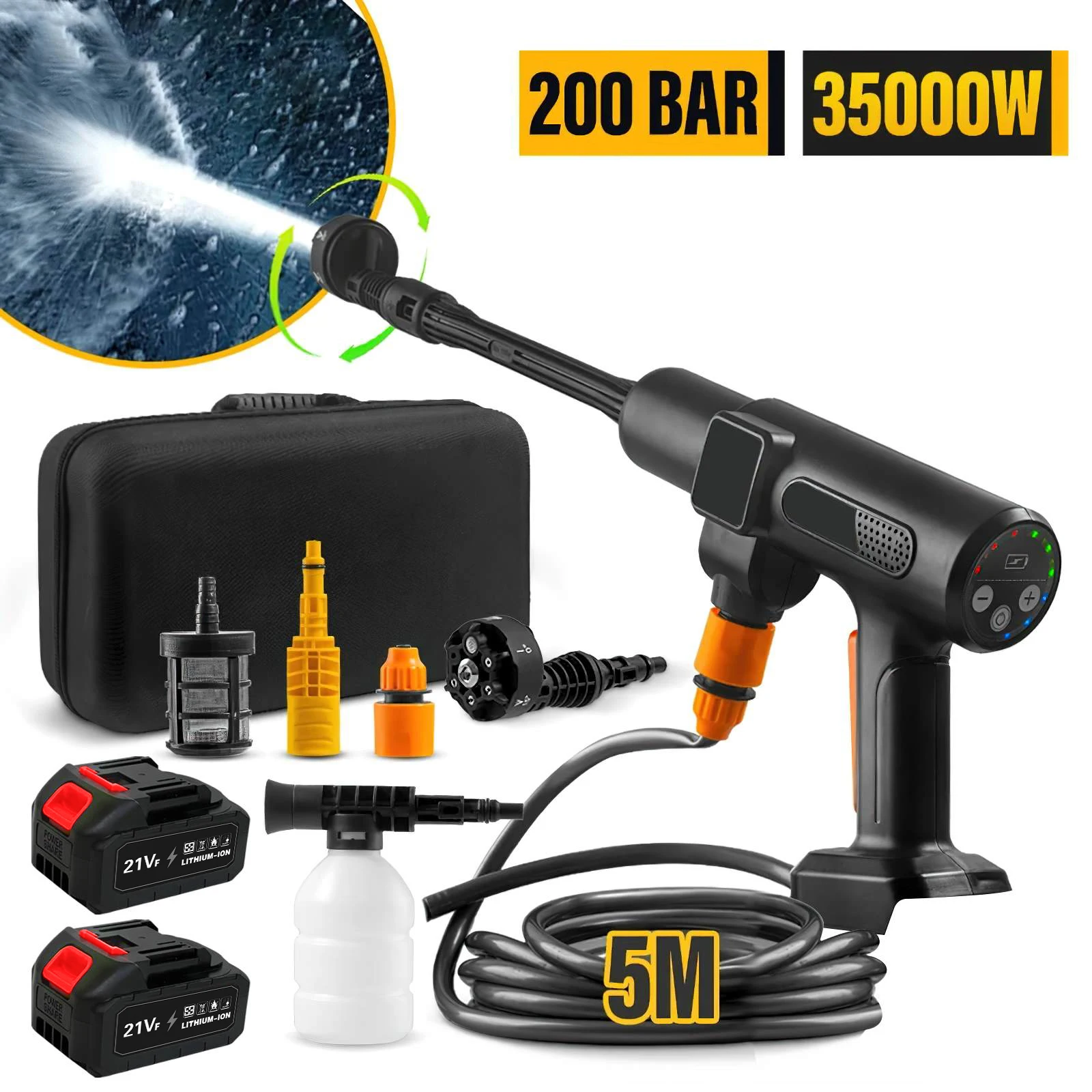 Lavadora de coches de alta presión 6 en 1, pistola de agua de jardín para lavado de coches eléctricos con batería de litio de 20V, pistola pulverizadora de 200bar sin escobillas