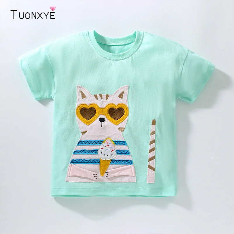 TUONXYE Summer Fashion Girls Short Sleeve T-shirt Cartoon Cute Embroidered Cat Knitting Cotton Breathable Soft Baby Clothes 2-9y